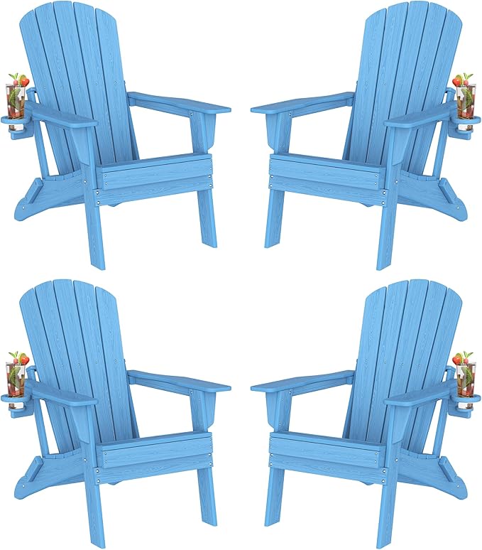 Plawdlik Folding Adirondack Chair Set of 4 with Cup Holder, SGS Tested, HDPE Heavy All-Weather, Wooden Textured - Photo 1