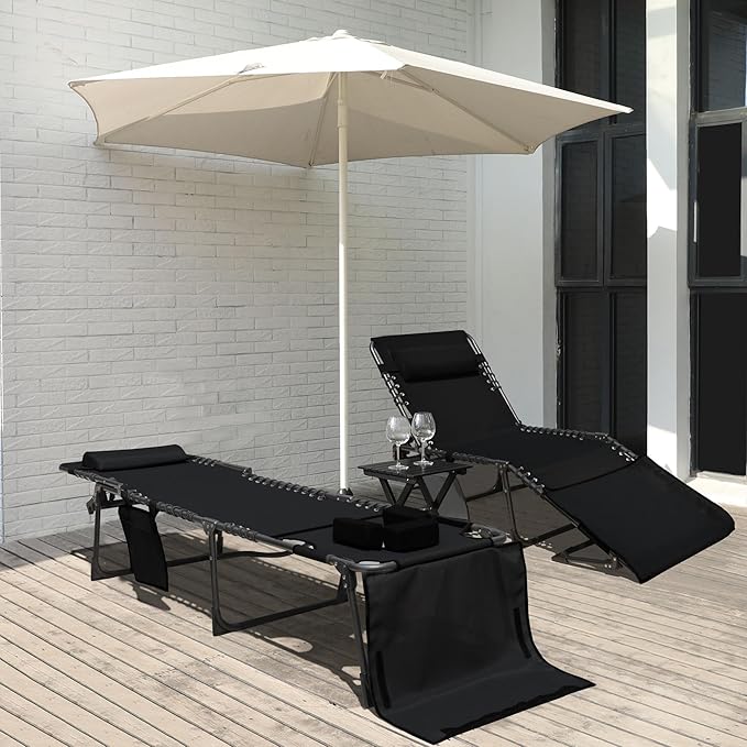 Foldable Chaise Lounge Chair with Face Hole, Outdoor Portable Tanning Chair with 5 Position Adjustable Back, Detachable Pillow & Pocket, Patio, Beach and Pool, Black