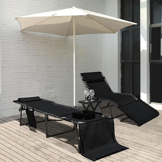 Foldable Chaise Lounge Chair with Face Hole, Outdoor Portable Tanning Chair with 5 Position Adjustable Back, Detachable Pillow & Pocket, Patio, Beach and Pool, Black