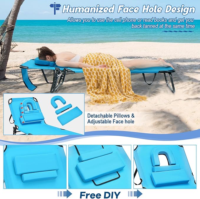 Goplus Tanning Chair, Folding Beach Lounge Chair with Face Hole, Removable Pillow, Carry Strap, Position Adjustable - Photo 5