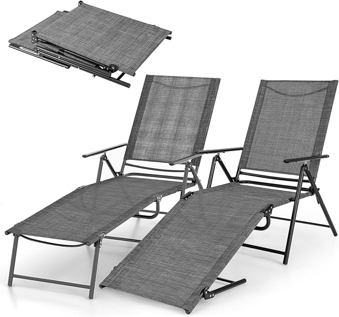 Giantex Lounge Chair Outdoor Set of 2 - Tanning Chair with 6 Adjustable Backrest, 2-Level Footrest, Folding Sunbathing Lounger for Patio, Poolside, Yard, Chaise Lounge Chair, Beach Chair (Grey)
