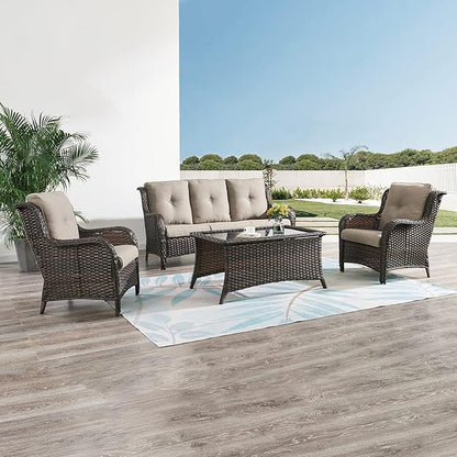 HUMMUH Outdoor Furniture 4 Pieces Patio Furniture Set Wicker Outdoor Sectional Sofa with 2 Patio Chairs,Coffee Table(Grey/Blue)