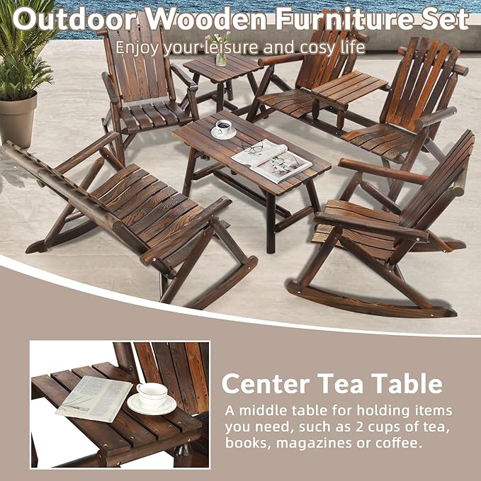 6-Piece Outdoor Wood Log Rocking Conversation Set, Patio Adirondack Furniture Set Including 2-Seater Loveseat, 2 Coffee Table, 2 Log Rocker Chair, Garden Bench & Built-in Table, Carbonized