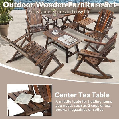 6-Piece Outdoor Wood Log Rocking Conversation Set, Patio Adirondack Furniture Set Including 2-Seater Loveseat, 2 Coffee Table, 2 Log Rocker Chair, Garden Bench & Built-in Table, Carbonized
