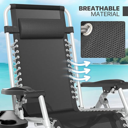 Magshion Zero Gravity Chair with Cushion, Reclining Outdoor Patio Lounge Chair, Folding Indoor Anti Gravity Recliner, Portable Lounger with Removable Cup Holder Side Tray and Pillow Headrest (Black)