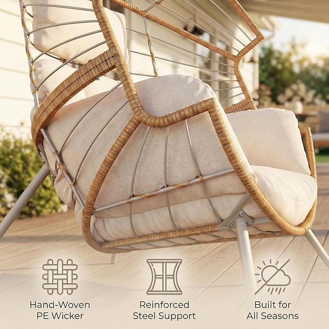 SWITTE Wicker Egg Chair Outdoor Indoor, Oversized Patio Egg Chair with Cushion, Comfy Egg-Shaped Lounge Chair for Balcony, Porch, Living Room, Beige