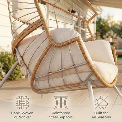 SWITTE Wicker Egg Chair Outdoor Indoor, Oversized Patio Egg Chair with Cushion, Comfy Egg-Shaped Lounge Chair for Balcony, Porch, Living Room, Beige