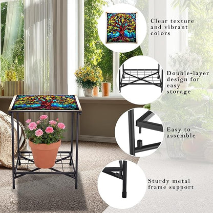 Outdoor Side Table 2-Tier Storage Square Small Mosaic Patio Accent Indoor End Plant Coffee Tea Table for Yard Patio Porch Garden Living Room, Bedroom(Tree of Life Style)