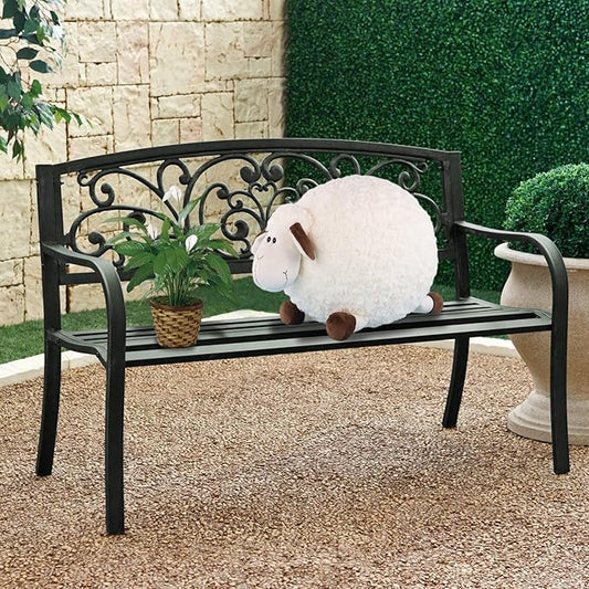 Park Bench, 4 Feet Rust-Proof Cast Iron Park Bench, Hold 485 lbs Heavy-Duty Metal Outdoor Furniture Bench Seat, with Backrest Armrests Sturdy Steel Frame Front Porch Bench for Yard Porch