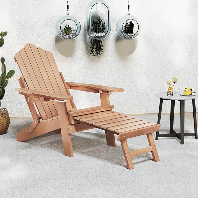 Giantex Folding Adirondack Chair, All-Weather Lounge Chair with Adjustable Backrest, Retractable Ottoman, Cup Holder, HIPS Fire Pit Chair for Lawn, Pool, Patio, Porch (1, Brown)