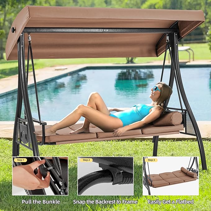 HOMREST 3 Seat Outdoor Porch Swing with 1.5" Deepened Cup Holder, Adjustable Canopy, Patio Swing Bed with Stand - Photo 3