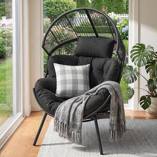 ONBRILL Egg Chair for Outdoor & Indoor, Patio Wicker Chair with Thick Cushion, Oversized Rattan Chairs for Balcony, Porch & Backyard, 550 LBS Heavy Duty & Comfy Basket Chairs for Living Room, Bedroom