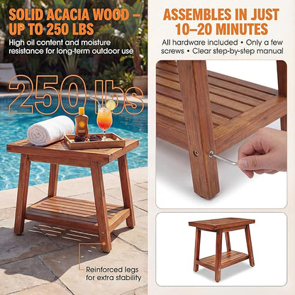 ENKEZI Small Acacia 16 Inches Outdoor Side Table, 2-Tier Sturdy Patio, End Table Weather Resistant, Strong Stability Side Table for Patio, Pool, Porch, Teak Finish (Small)