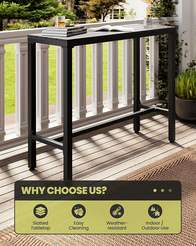 Crestlive Products Outdoor Bar Table, 43'' Rectangle Patio Counter Height Table High Pub Table with Waterproof Top and Sturdy Metal Frame for Balcony, Bistro, Garden, Backyard, Hot Tub(Black)
