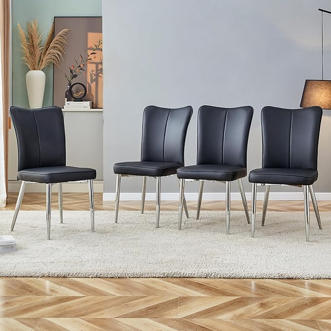 Modern Dining Chairs,Pu Upholstered Leather Chair And Sturdy Metal Legs,Comfortable Ergonomic Large Backrest Design,Applicable To Front Porch,Outdoor Lounge,Garden,Reception Room,Patio,BlackSilver-Met