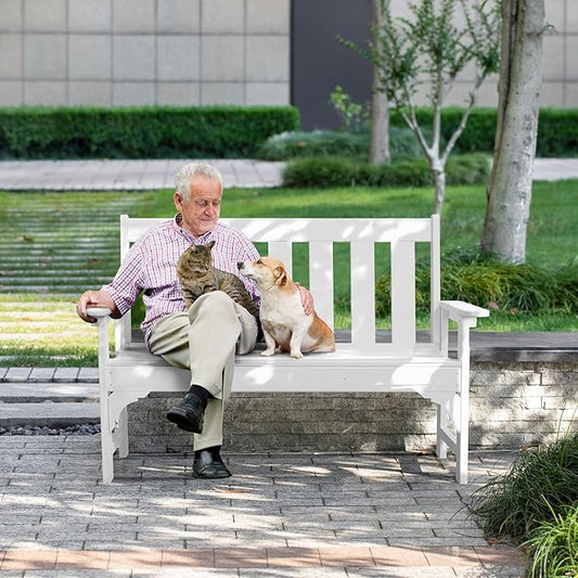 nalone Outdoor Bench, HDPE All Weather Patio Bench Load up to 800 Lbs, 2-Person Garden Bench Rot-Proof Fade Proof for Patio, Porch, and Park (White)