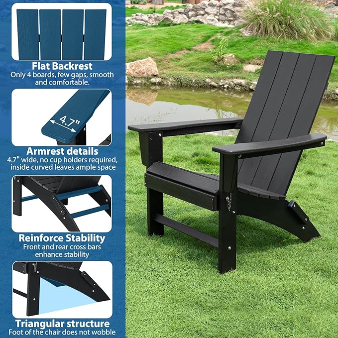 Folding Adirondack Chair Weather Resistant Foldable Fire Pit Chairs HDPE Outdoor Adirondack Chair for Patio Front Porch Pool Garden Deck Fire Pit Outside, Black