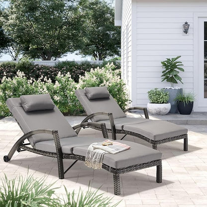 HOMREST Chaise Lounge Chairs Set of 2, PE Rattan Wicker Patio Lounge Chair with Adjustable 5 Position, Arm and Wheels for Poolside Backyard Deck Porch,Grey