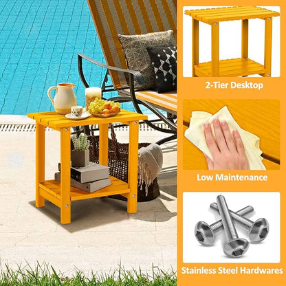 2 Tier Outdoor Side Table with Wood-Like Grain, 16.6" HDPE Adirondack Table Patio Side Table, Weather Resistant End Table for Pool, Patio & Porch, Small Outdoor Table(Tangerine, Rectangle)