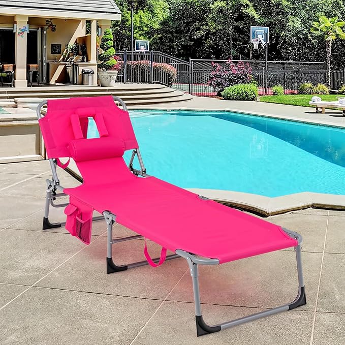 GYMAX Tanning Chair, Folding Beach Lounger with Face Arm Hole, Adjustable Backrest, Side Pocket, Pillow & Carry Handle, Outside Sunbathing Lounge Chair for Patio, Poolside, Lawn (1, Pink)
