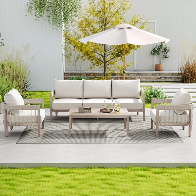 4-Piece Patio Furniture Set, Never-Rust Aluminum Patio Conversation Set, Outdoor Sofa Set with Faux Wood Grain Finish - Photo 1