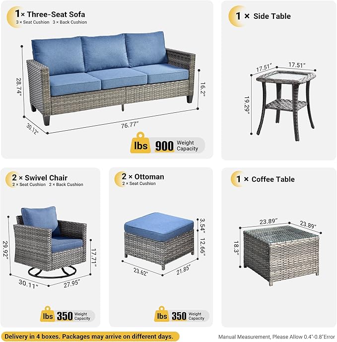 ovios Patio Furniture Set, 7 Pieces Outdoor Wicker Sofa Couch with Swivel Rocking Chairs Glass Table Comfy Cushions - Photo 8