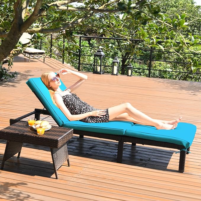 Tangkula Rattan Wicker Chaise Lounge Chair, Outdoor Patio Lounger Recliner Chair w/Adjustable Backrest, Heavy-Duty Reclining Chair Sunbed w/Thick Zippered Cushion for Garden Yard Patio (1, Turquoise)
