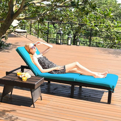 Tangkula Rattan Wicker Chaise Lounge Chair, Outdoor Patio Lounger Recliner Chair w/Adjustable Backrest, Heavy-Duty Reclining Chair Sunbed w/Thick Zippered Cushion for Garden Yard Patio (1, Turquoise)