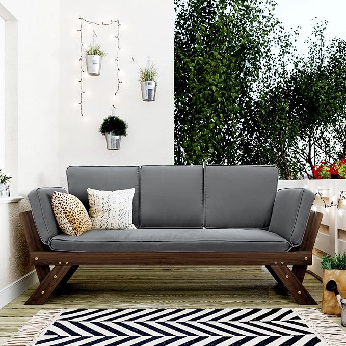 Merax Patio Sofa, Outdoor Adjustable Wooden Daybed, Chaise Lounge with Cushions, Gray