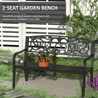 Metal Outdoor Garden Bench with Welcome Design