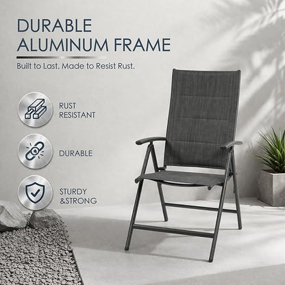 Kozyard 2-Pack Outdoor Patio Dining Chairs, Folding Reclining Patio Chairs with Breathable Textilene Fabric, Padded Seat, Aluminum Frame, Foldable Outdoor Chairs for Garden, Deck, Backyard (Gray)