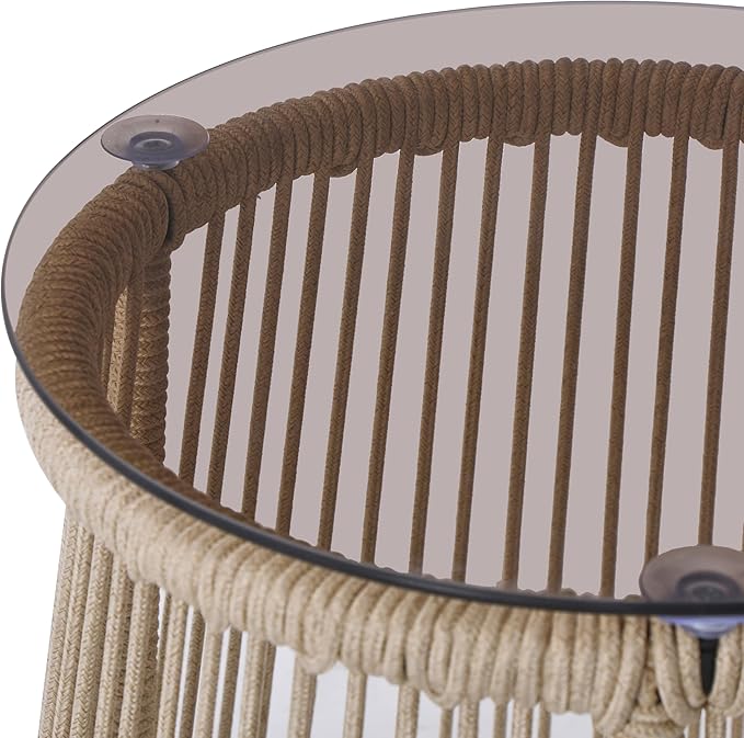 Christopher Knight Home Desna Coffee Table, Patio Glass Round End Table, Outdoor Side Table, Modern/Tropical Patio Accent Piece for Garden/Balcony, Iron Frame + Handwoven Rope Accent, Light Brown