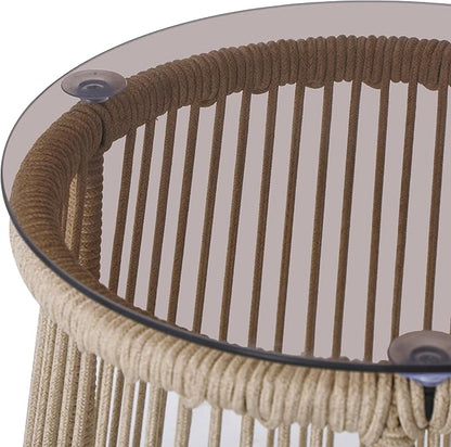 Christopher Knight Home Desna Coffee Table, Patio Glass Round End Table, Outdoor Side Table, Modern/Tropical Patio Accent Piece for Garden/Balcony, Iron Frame + Handwoven Rope Accent, Light Brown