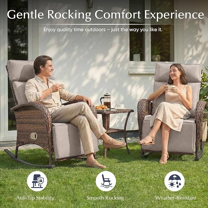 Belord 3 Piece Wicker Patio Furniture Set - Outdoor Swivel Rocker Recliner Chair with Adjustable Backrest & Footrest, All Weather Reclining Lounge Chair with Thick Cushion for Pool Deck Garden Beige