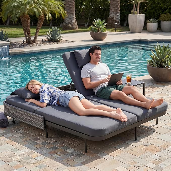 NICESOUL Double Chaise Lounge Outdoor, 51.2" Wide 2-Person Daybed with Independent Recline - Photo 1
