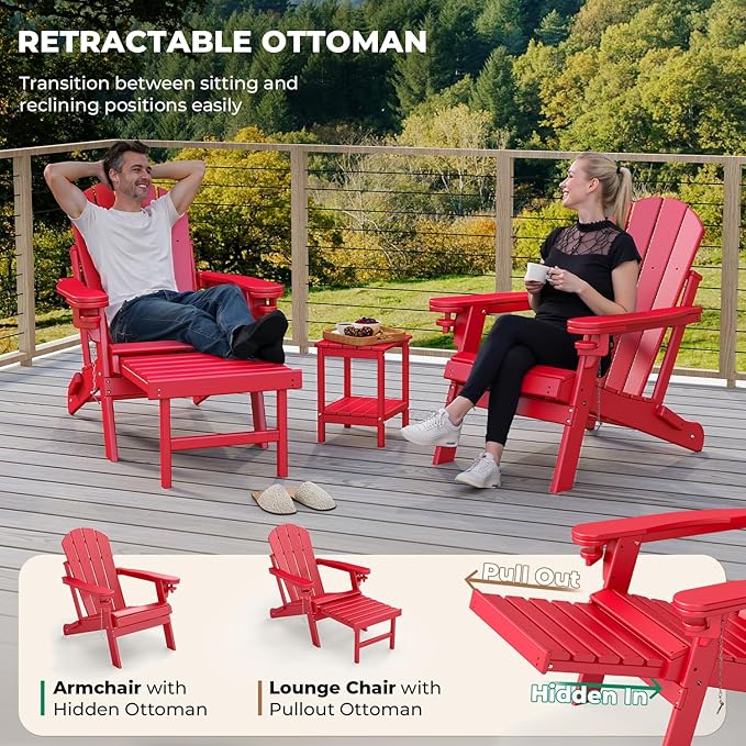 BRIOPAWS Adirondack-Chairs-with-Pull-Out-Footrest | Set of 2 | Folding | HDPE Plastic | Fire Pit Chair | All Weather | Cup Holders | Curved Back | Retractable Ottoman | for Poolside Deck | Red