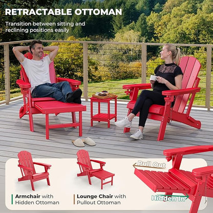 BRIOPAWS Adirondack-Chair-with-Pull-Out-Footrest | Folding | HDPE Plastic | Fire Pit Chairs | All Weather | Cup Holders | Curved Back | Retractable Ottoman | for Outdoor Deck Poolside | Red