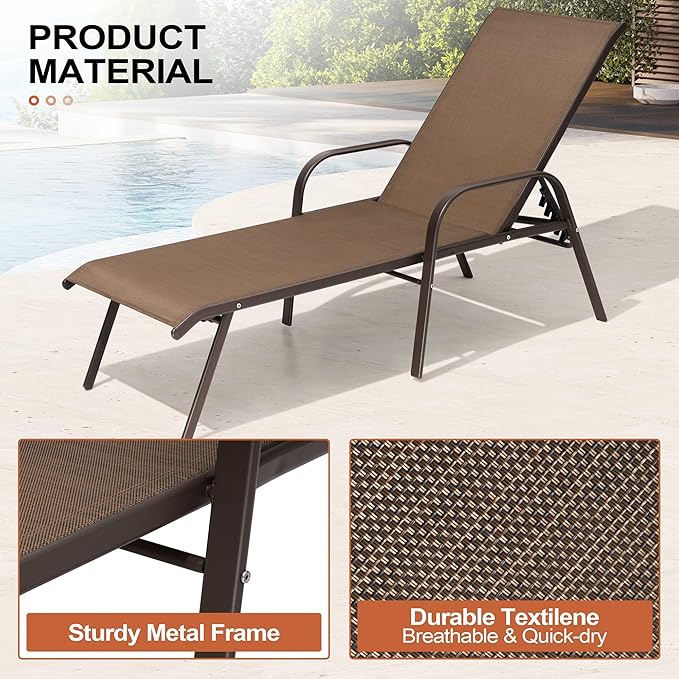 Crestlive Outdoor Chaise Lounge Chair,5-Position Pool Lounge Chairs with Armrests Sunbathing Recliner for Patio,Beach,Deck,Yard (4PC Brown)