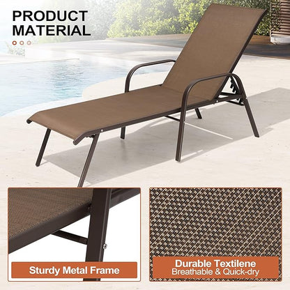 Crestlive Outdoor Chaise Lounge Chair,5-Position Pool Lounge Chairs with Armrests Sunbathing Recliner for Patio,Beach,Deck,Yard (2PC Brown)