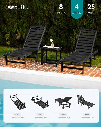 SERWALL Patio Chaise Lounge Set of 2, HDPE Outdoor Lounge Chair with Cup Holder, 5 Positions Adjustable Outdoor Lounger with Rolling Wheels for Poolside, Black