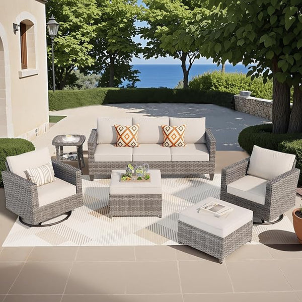 ovios Patio Furniture Set, 6 Pieces Outdoor Wicker Sofa Couch with Swivel Rocking Chairs Ottomans Comfy Cushions Rattan - Photo 1