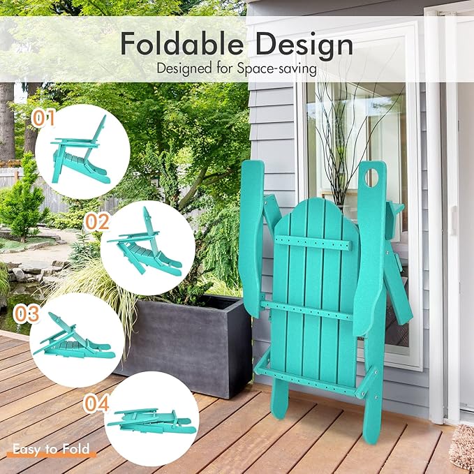 Giantex Adirondack Chair Outdoor Folding Chairs, HDPE Weather Resistant Patio Chair with Built-in Cup Holder Lawn Chair for Patio, Backyard, Balcony, Deck Outside Plastic Fire Pit Chair(1, Turquoise)