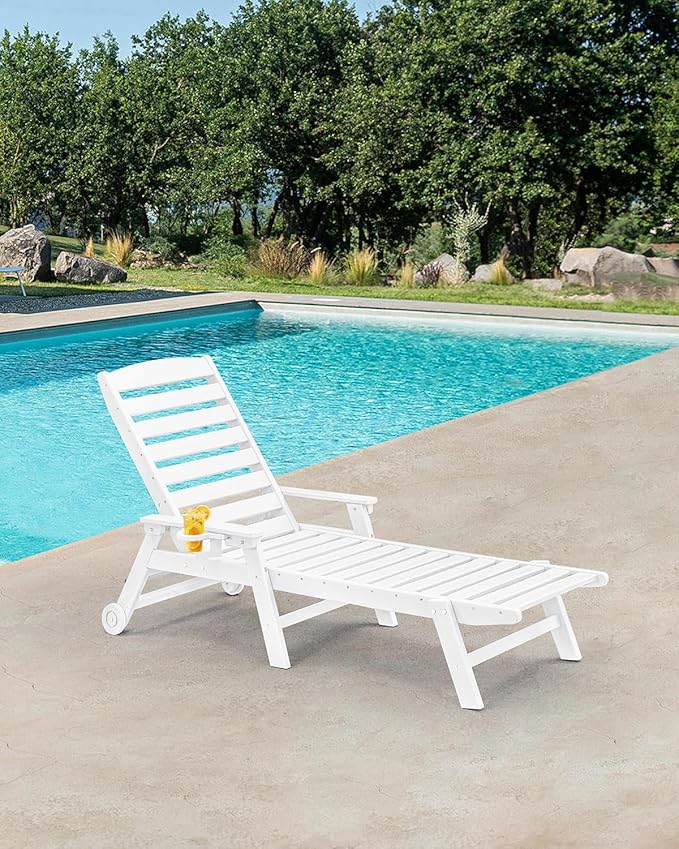 HDPE Patio Chaise Lounge Chair, 78.4'' Adjustable Outdoor Lounger, 5 Positions Poly Lounge Chair with Wheels & Cup Holder, HDPE Outdoor Patio Lounge Chairs for Backyard, Deck, Beach, Pearl