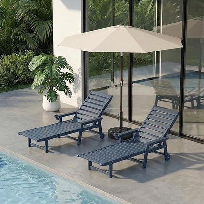 5-Position Adjustable Lounge Chair Outdoor Set of 2 with Umbrella, HDPE Outdoor Chaise Lounge with Cup Holder & Wheels, Pool Lounge Chairs for Poolside, Beach, Deck, Navy Blue
