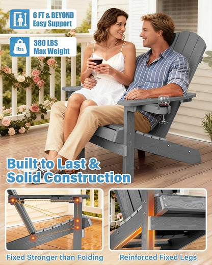 YEFU Adirondack Chairs with Cup Holders: Set of 6 Fire Pit Chairs Plastic with Wood Texture - Sturdy All-Weather HIPS for Patio Backyard Lawn - Easy Assembly Outdoor Furniture(Grey)