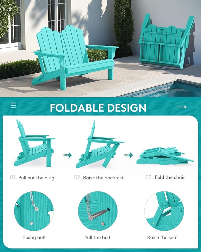 SERWALL Folding Adirondack Bench, HDPE All-Weather Adirondack Loveseat, 660 lbs Capacity - Photo 3