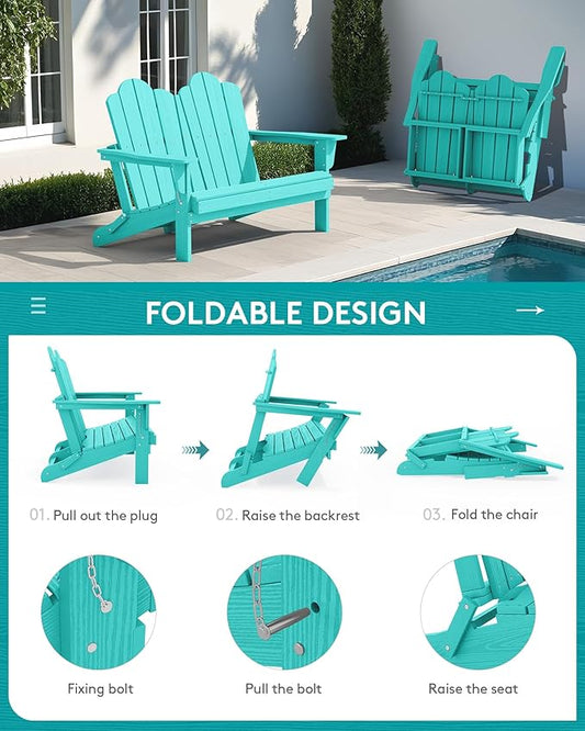 SERWALL Folding Adirondack Bench, HDPE All-Weather Adirondack Loveseat Set of 2, Aruba