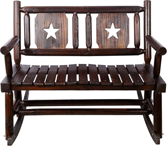 Outdoor Wood Rocking Chair, All-Weather Resistant 2-Person Loveseat,Heavy Duty Bench with Wide Curved Seats, Modern Solid Wood Rocking Loveseat for Patio, Backyard, Garden,Porch, Rustic Brown