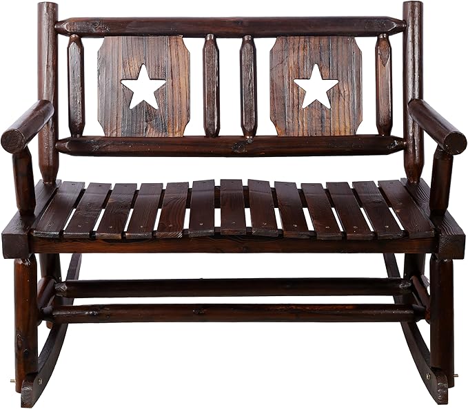 Outdoor Wood Rocking Bench, Carbonized Double Rocking Chair for 2 Persons with Wide Curved Seat, Porch Rocker for Porch, Garden, Backyard, Rustic Brown (Brown-Rocking)