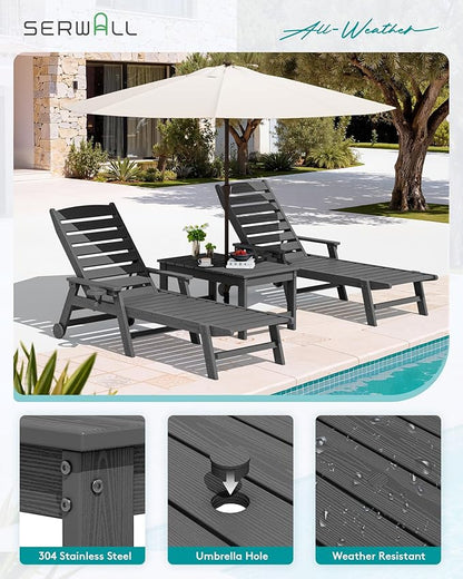 SERWALL Outdoor Coffee Table with 9FT Umbrella, HDPE Patio Coffee Table for Outside, Rectangle, Gray(Not Include Umbrella Base)